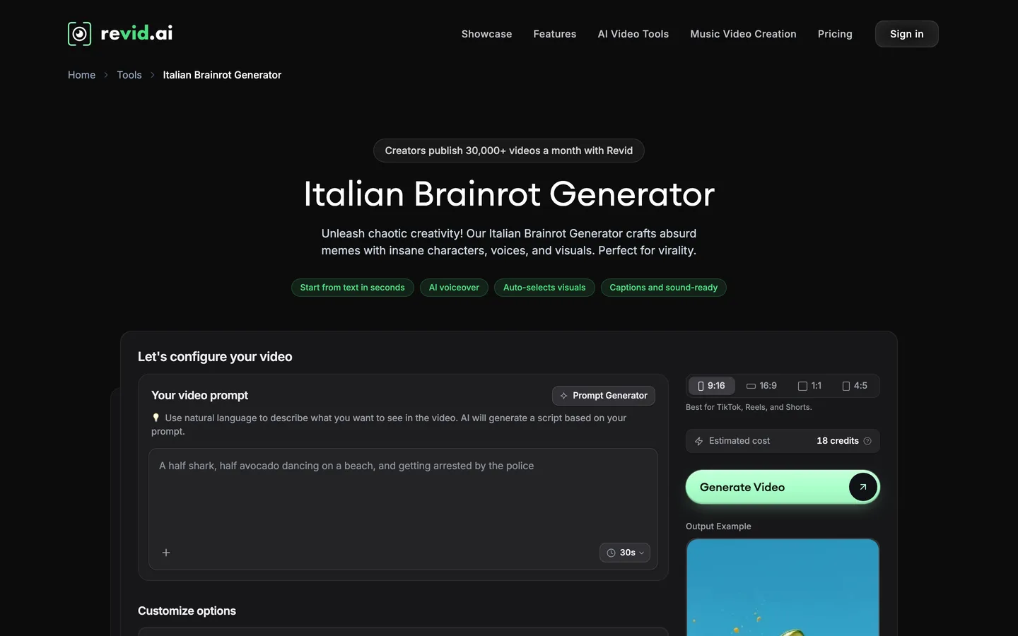 Italian brainrot generator Revid: the tool page with a half shark half avocado prompt, format options and credit estimate