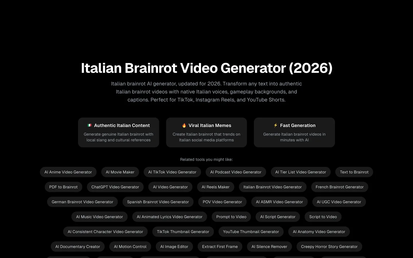 Brainrot video maker StoryShort: the Italian Brainrot Video Generator page with related brainrot tools in other languages