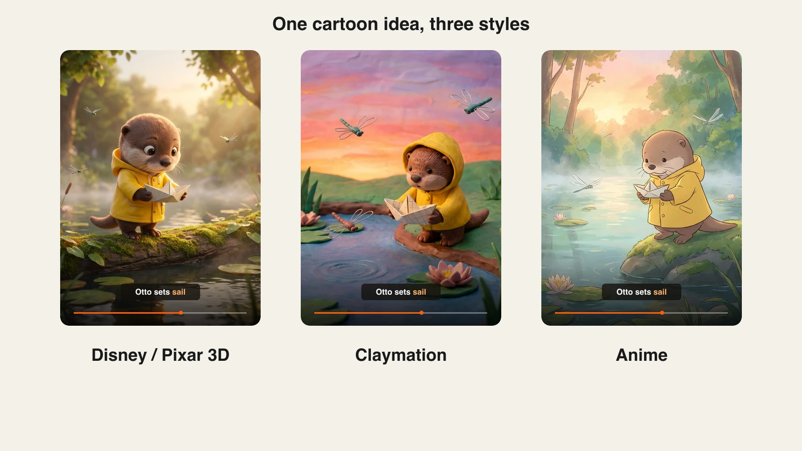 Best AI cartoon video generators: the same otter scene rendered in Disney / Pixar 3D, claymation and anime styles