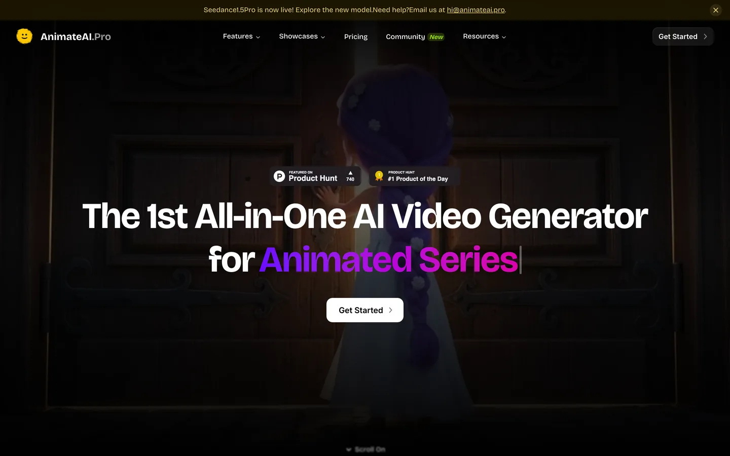 Animated series AI video generator AnimateAI: homepage headline about AI video for animated series