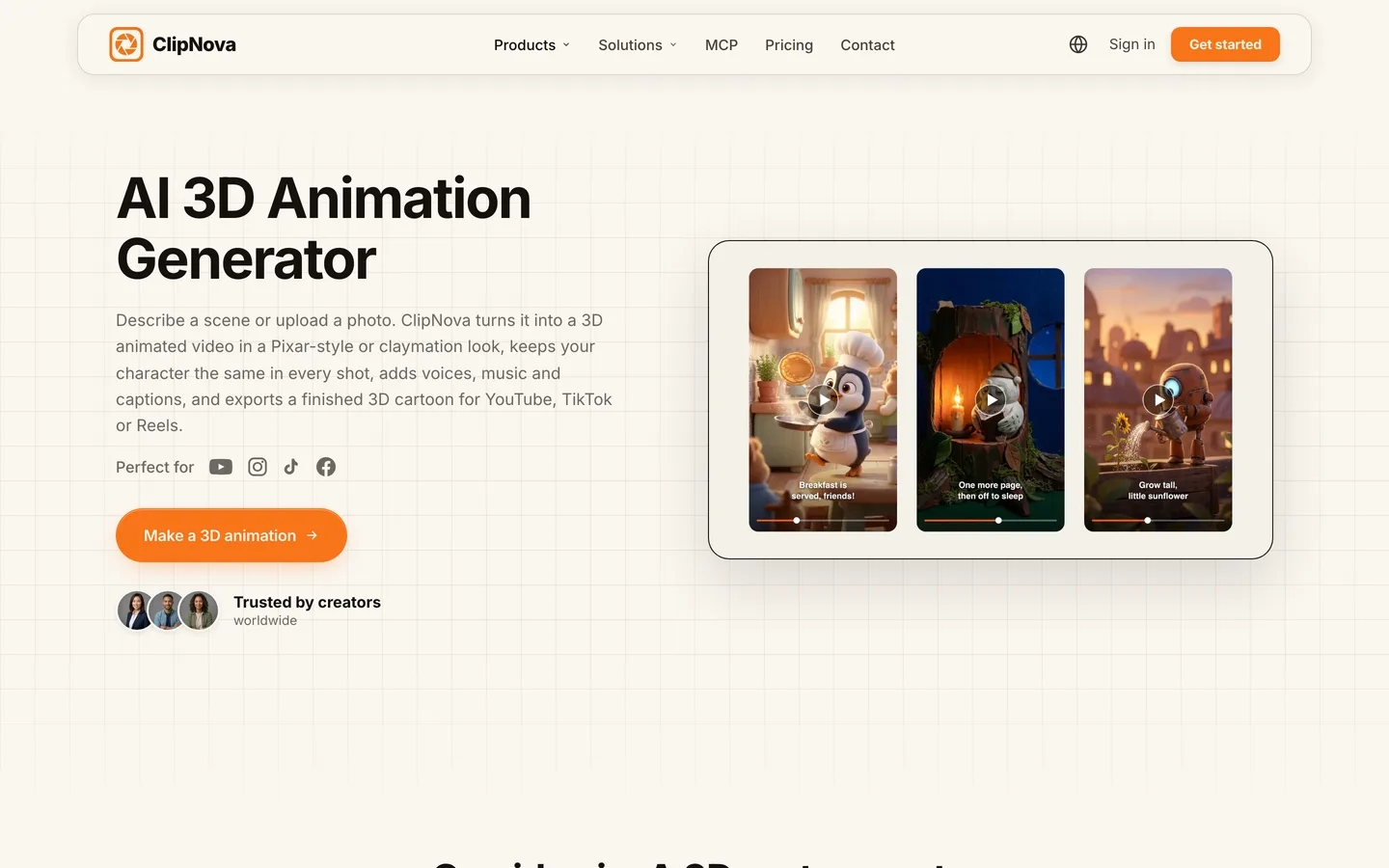 AI cartoon video generator ClipNova: the AI 3D animation page with three vertical 3D cartoon Shorts