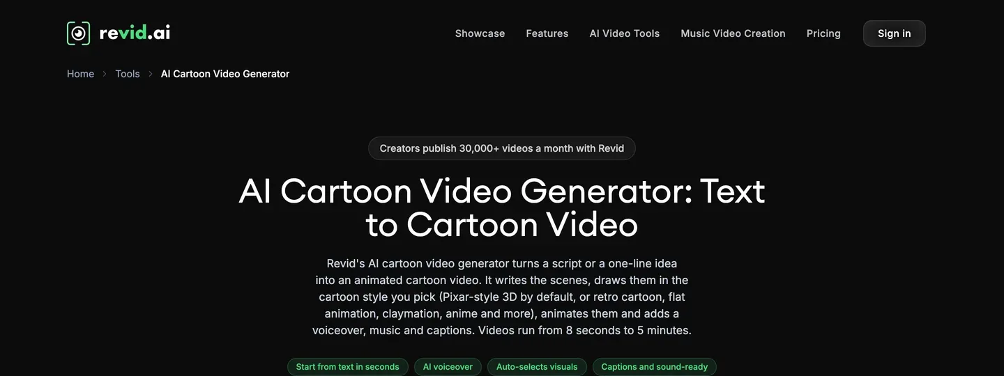 AI cartoon video maker Revid: the cartoon tool page describing styles and a length of 8 seconds to 5 minutes