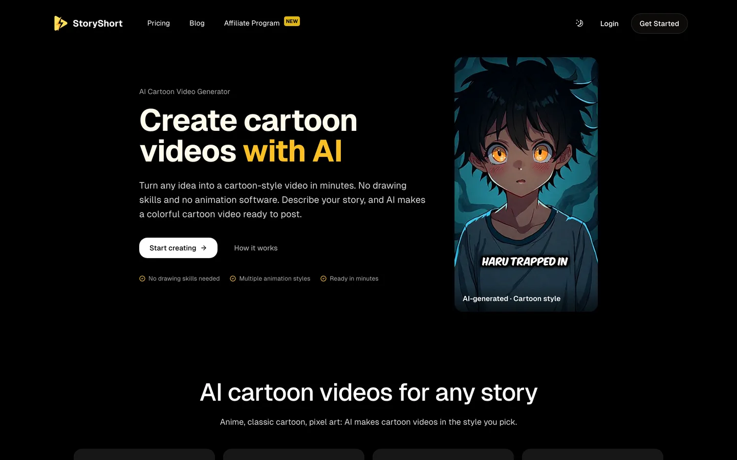 Cartoon video generator StoryShort: AI cartoon tool page with an anime-style vertical example