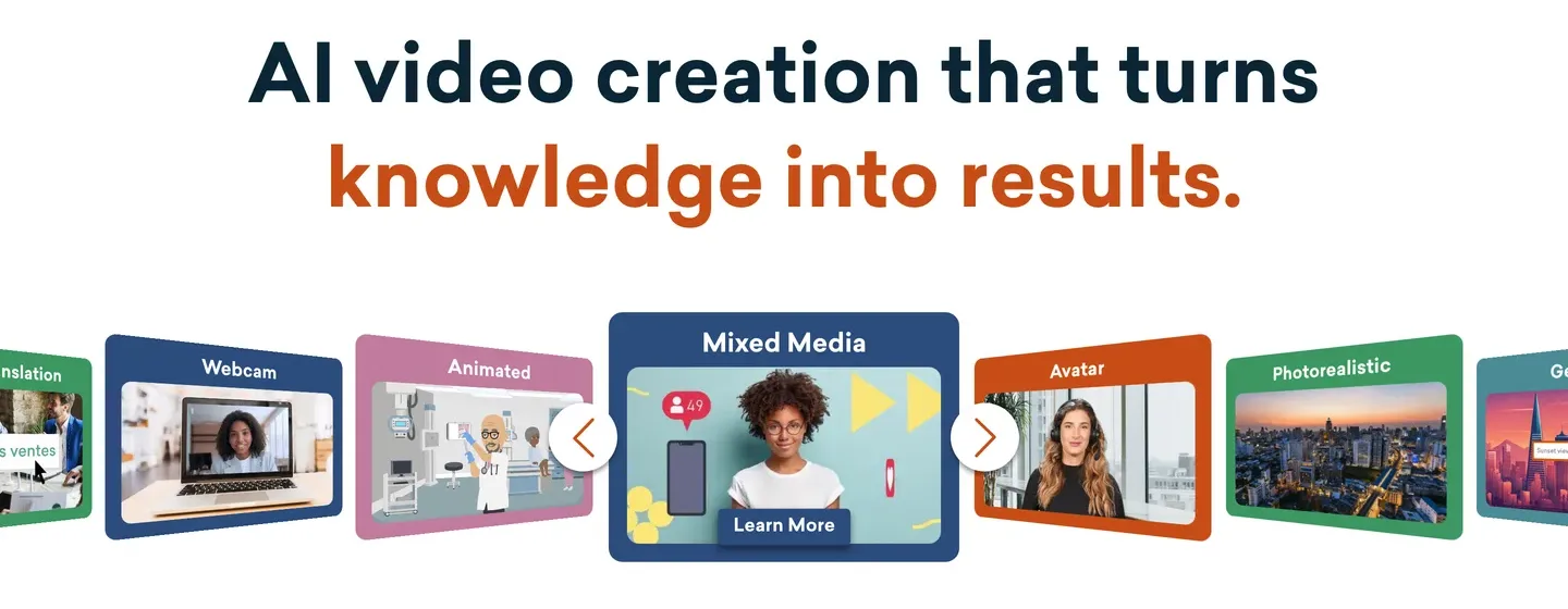 Workplace cartoon animation tool Vyond: homepage carousel of video styles including Animated and Mixed Media