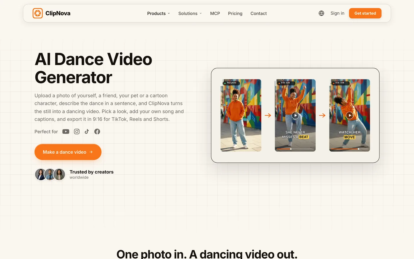 AI dance video generator ClipNova: the dance page turning one photo in an orange hoodie into two 9:16 dance frames