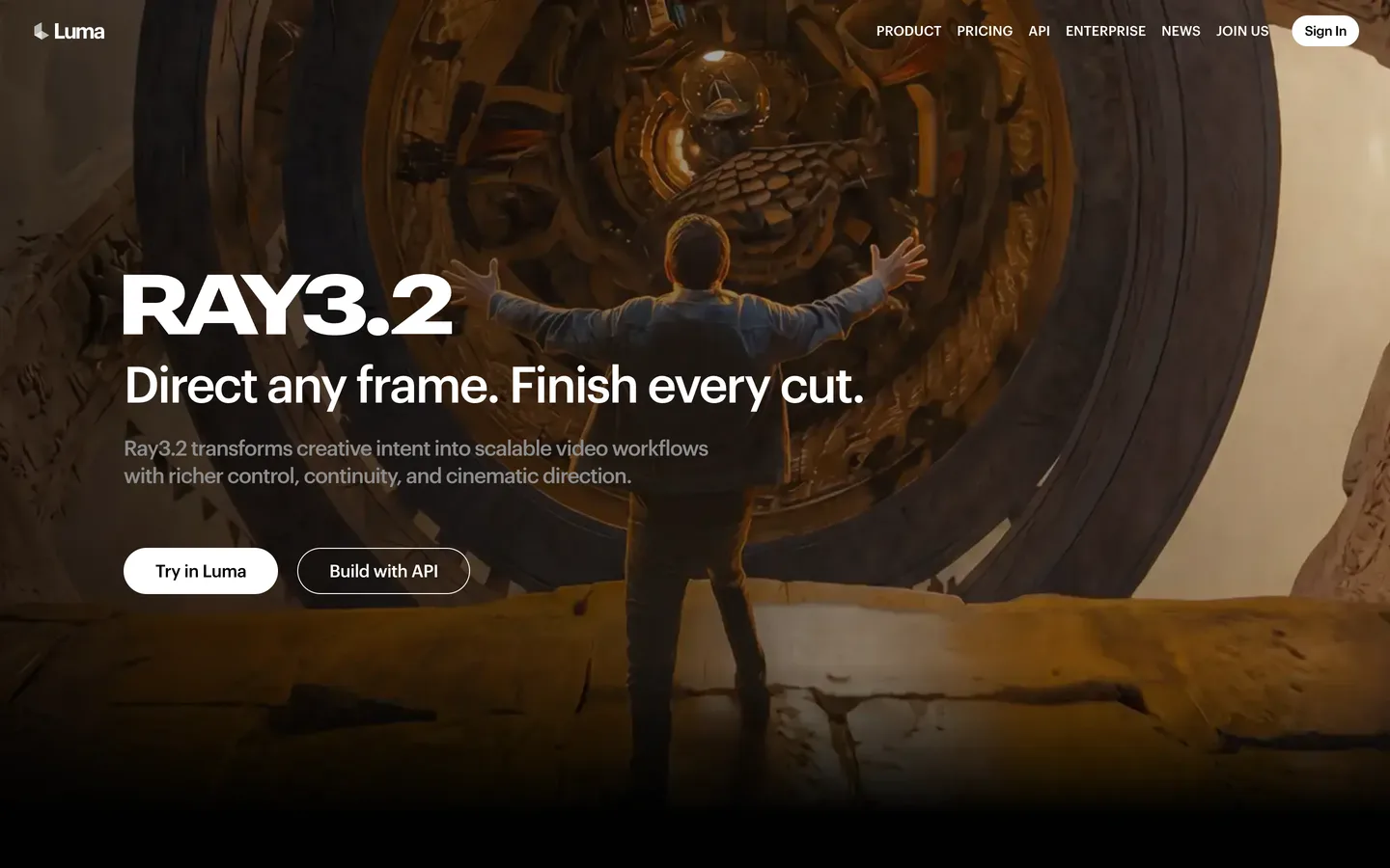 Cinematic AI dance video tool Luma: the Ray3.2 page promising richer control, continuity and cinematic direction