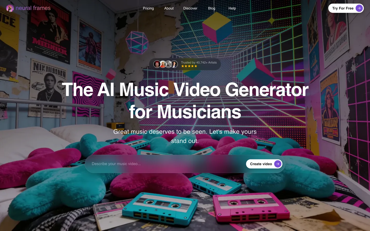 AI music video generator Neural Frames: the homepage with a describe-your-music-video prompt box