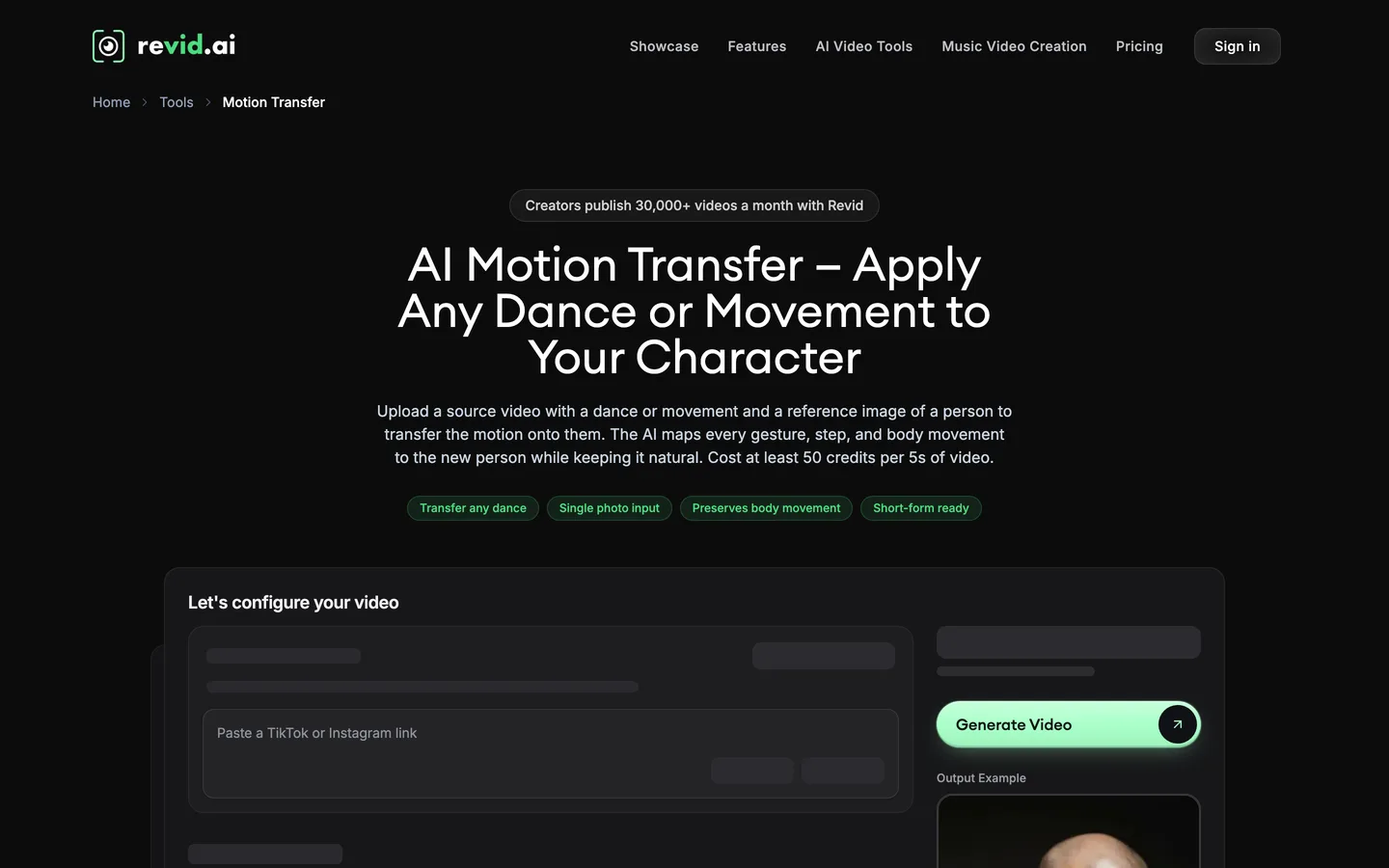 AI dance motion transfer Revid: the motion transfer page with a TikTok or Instagram link field and a single photo input