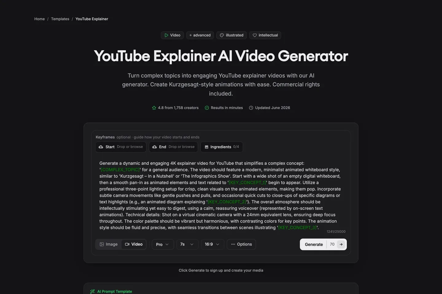 AI explainer clip generator Revid: YouTube Explainer template with a prompt for a Kurzgesagt-style animated whiteboard video