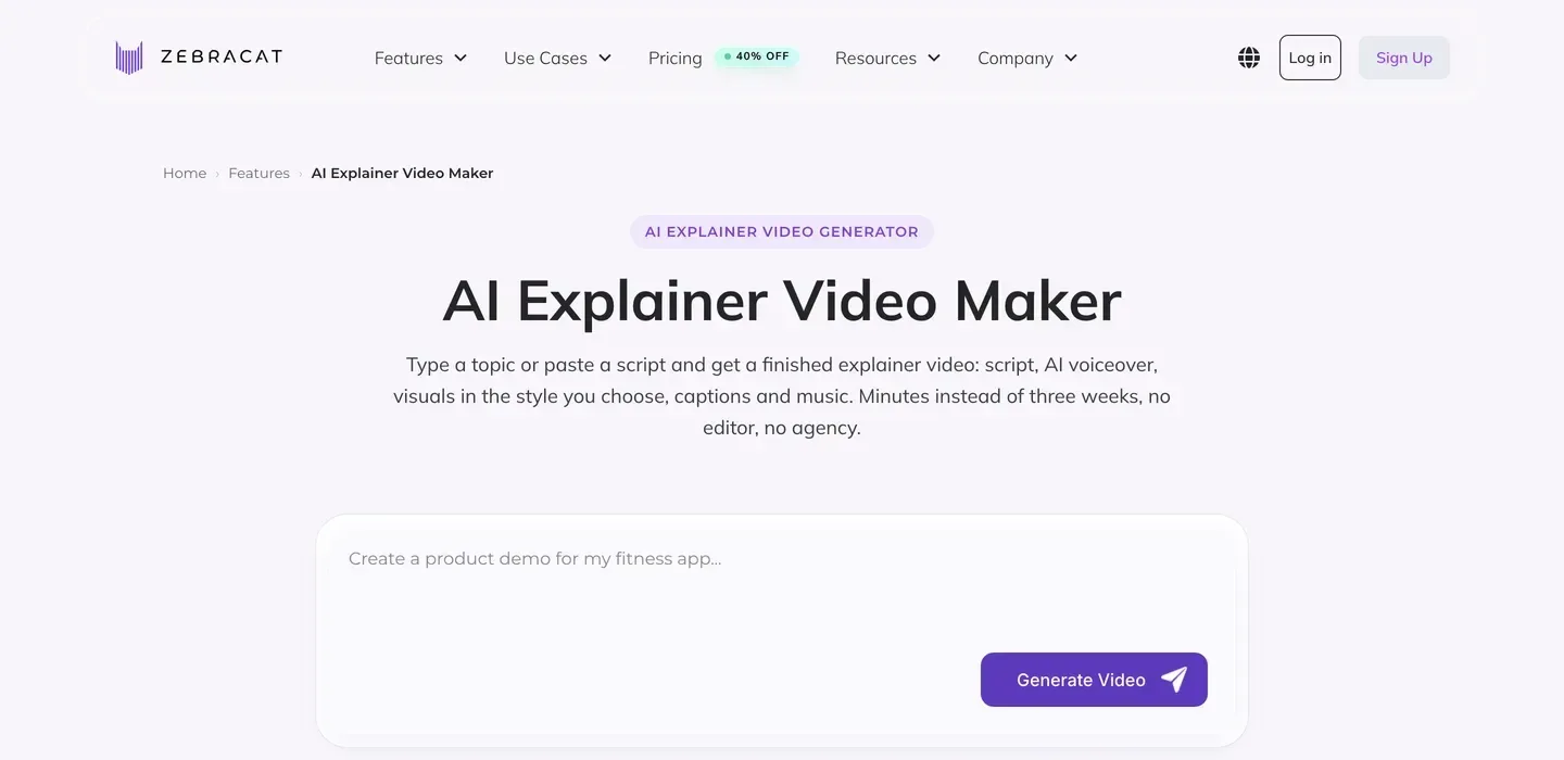 Educational explainer maker Zebracat: AI Explainer Video Maker page with a topic box and Generate Video button