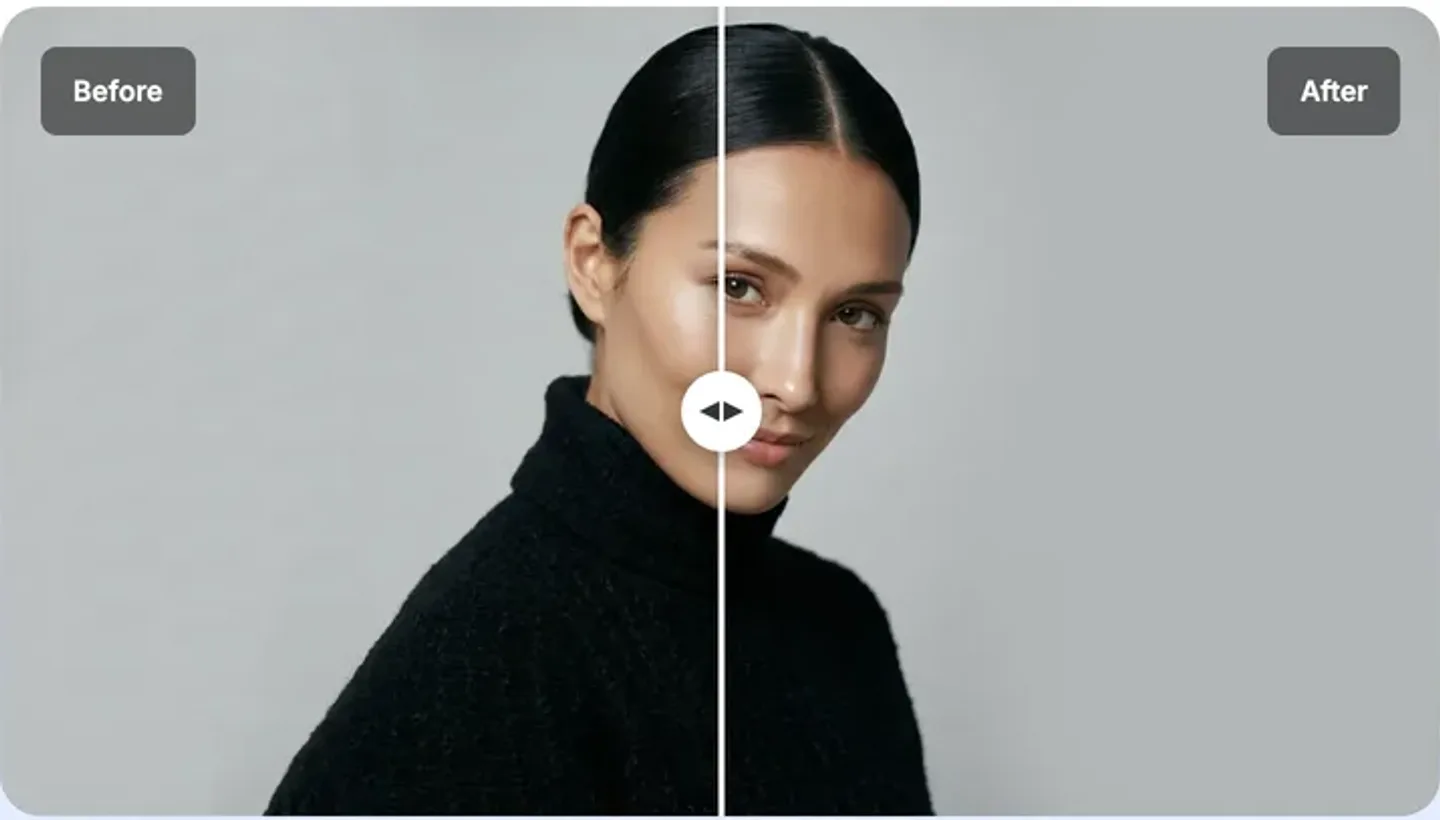 Face swap video generator AI Studios: its before and after slider showing a swapped face on a portrait