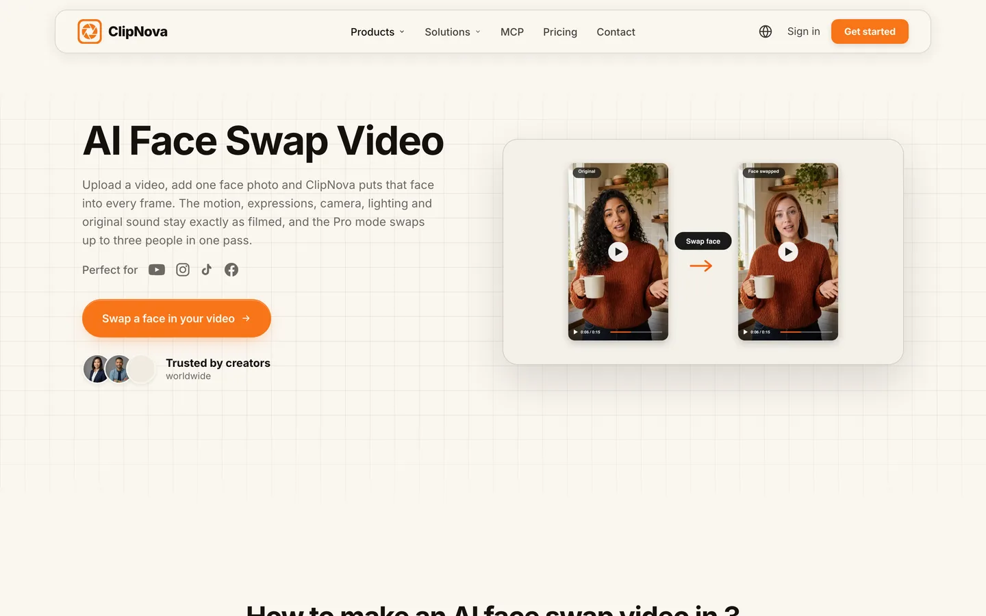 AI face swap video tool ClipNova: its face swap page showing an original clip and the face swapped result side by side