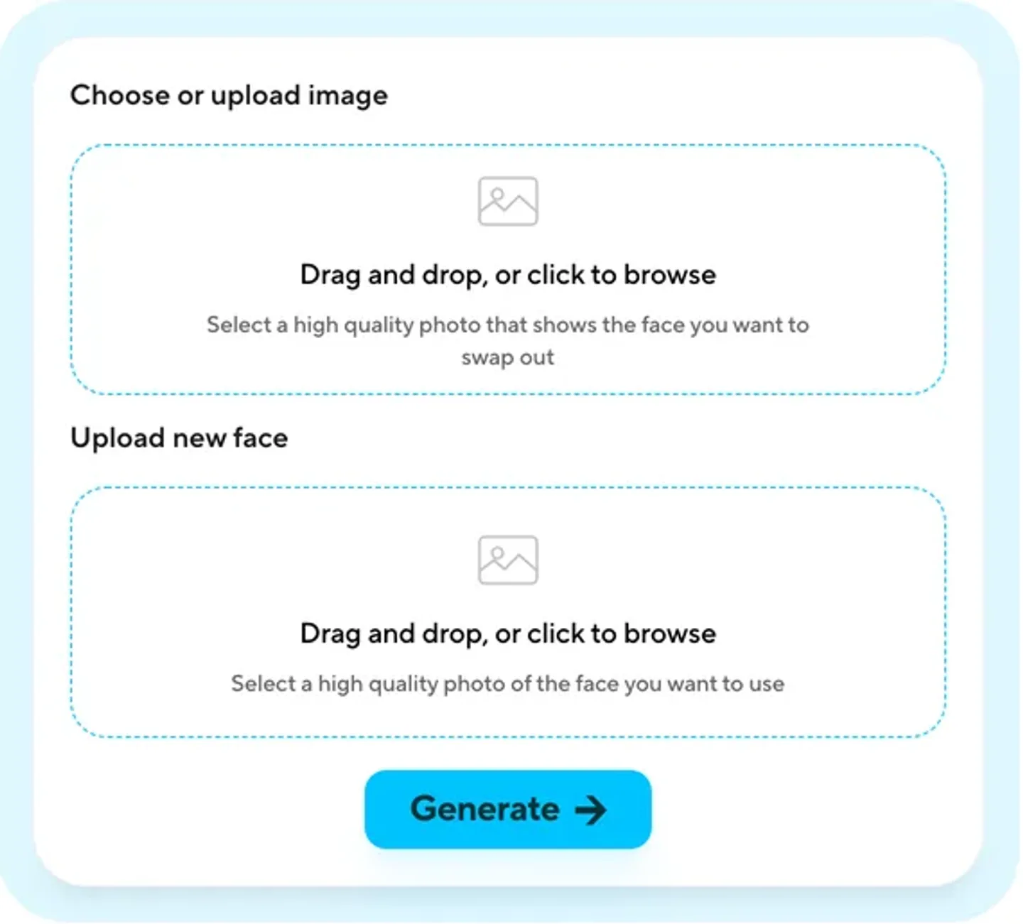 Video face swap AI HeyGen: its face swap panel with an upload box for the media and one for the new face