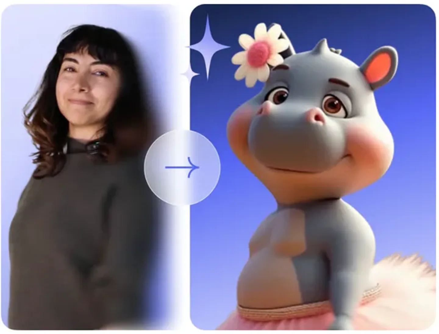 AI character swap VEED: its video to video page with a woman turned into a 3D cartoon hippo