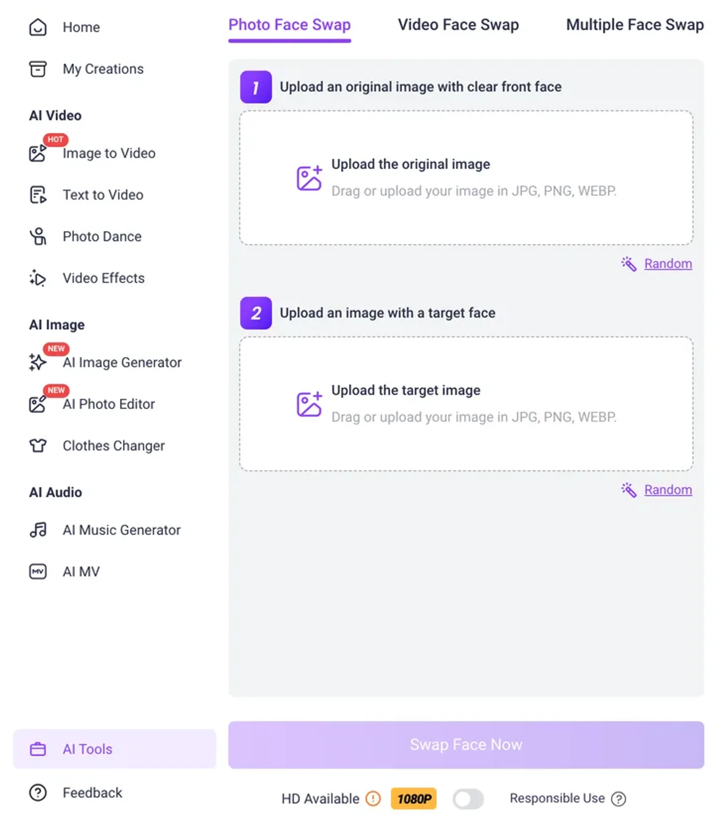 Face swap video tool Vidnoz: its face swap workspace with photo, video and multiple face swap tabs and a 1080p HD toggle