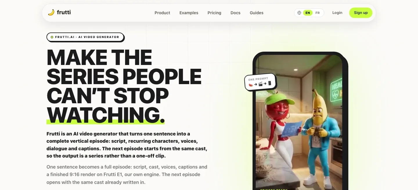 AI fruit episode generator Frutti: homepage with a cherry and a banana arguing in a kitchen in a vertical episode