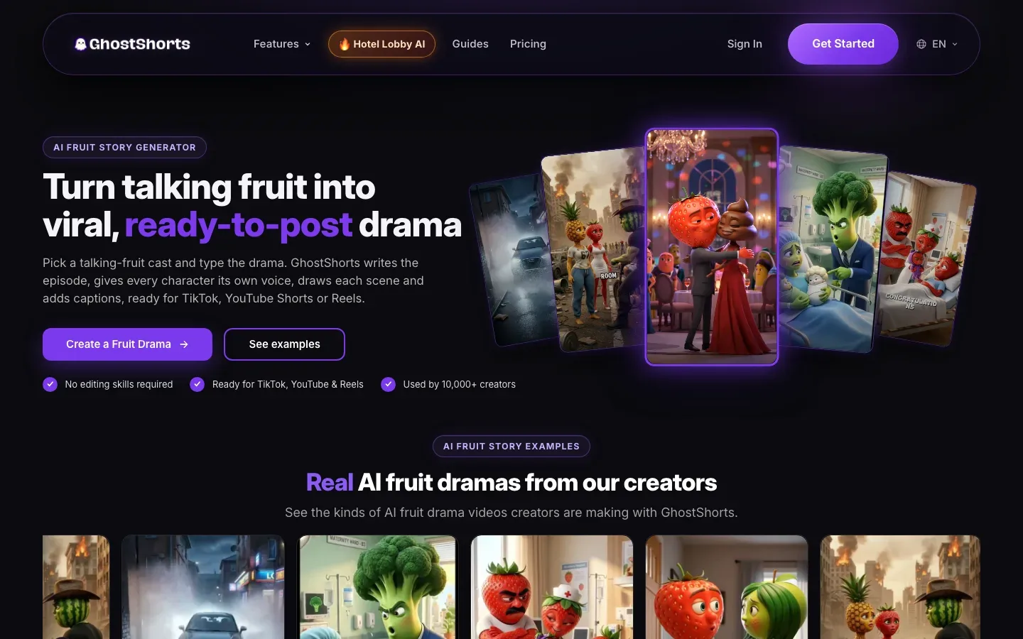 AI fruit story generator GhostShorts: talking fruit drama page with vertical examples from a fruit cast
