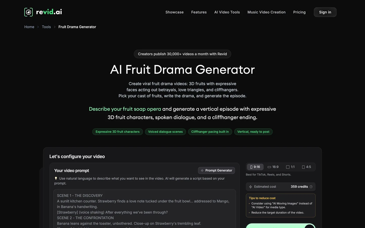 Fruit drama video maker Revid: Fruit Drama Generator with a scene-by-scene script and a cost estimate