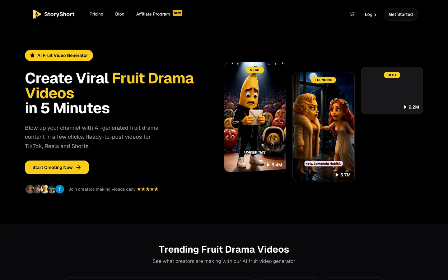 Talking fruit drama generator StoryShort: the AI fruit video generator page with trending fruit drama examples