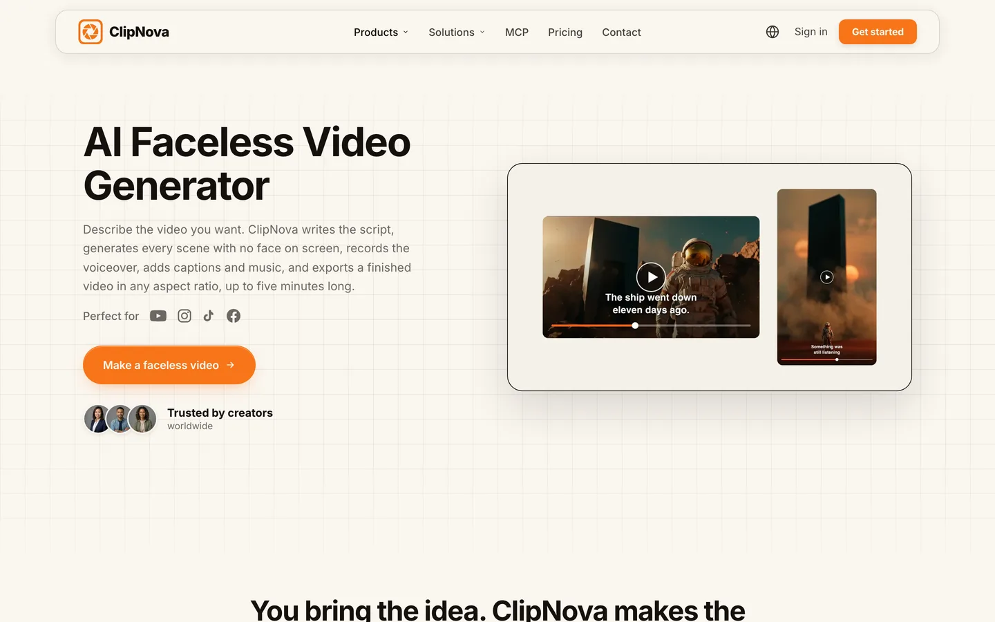 AI history video generator ClipNova: its faceless video page with a narrated space story in 16:9 and 9:16