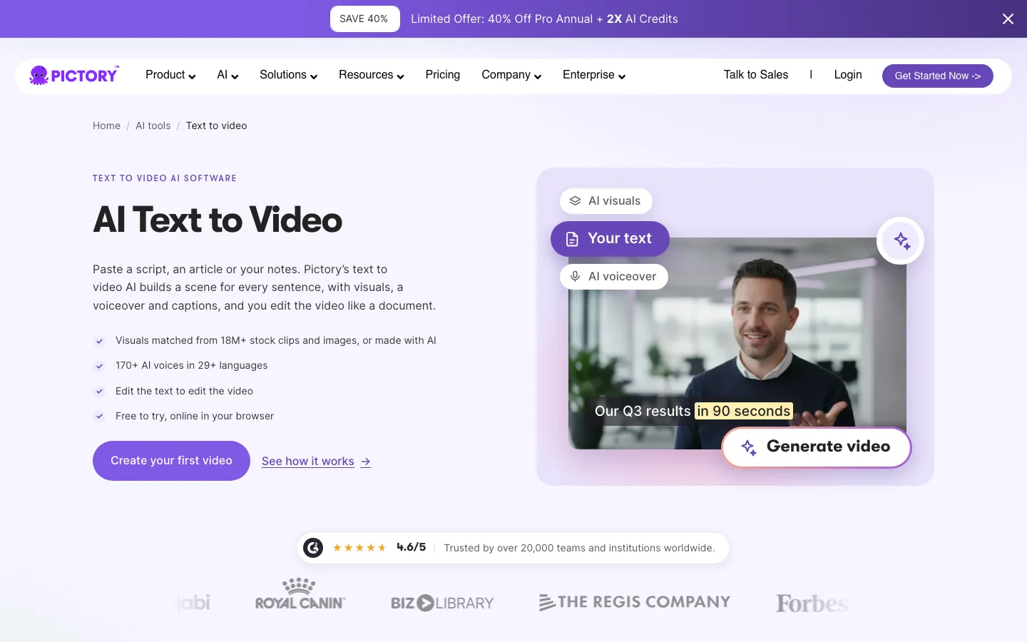 AI history video tool Pictory: its AI text to video page that builds a scene for every sentence