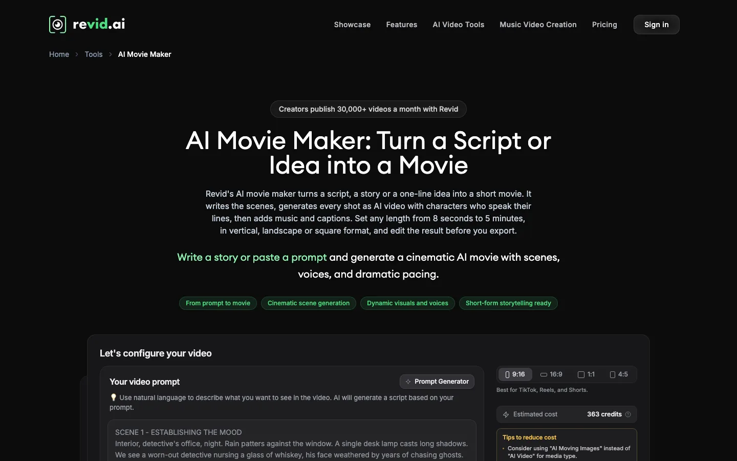 History video AI Revid.ai: its AI Movie Maker page with a scene-by-scene prompt and a credit estimate