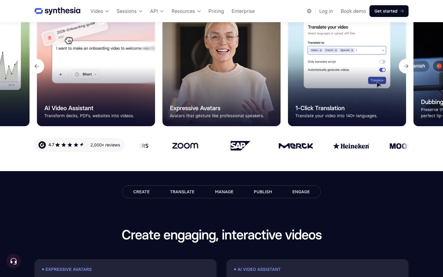 AI history lesson video generator Synthesia: its video platform page with the AI Video Assistant and expressive avatars