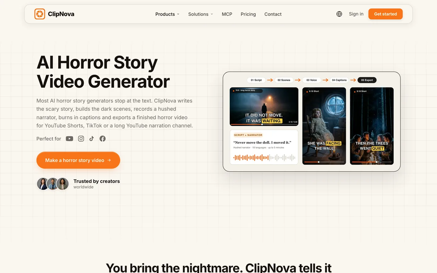 AI horror video generator ClipNova: horror story tool page with a script card, a long story and two vertical Shorts