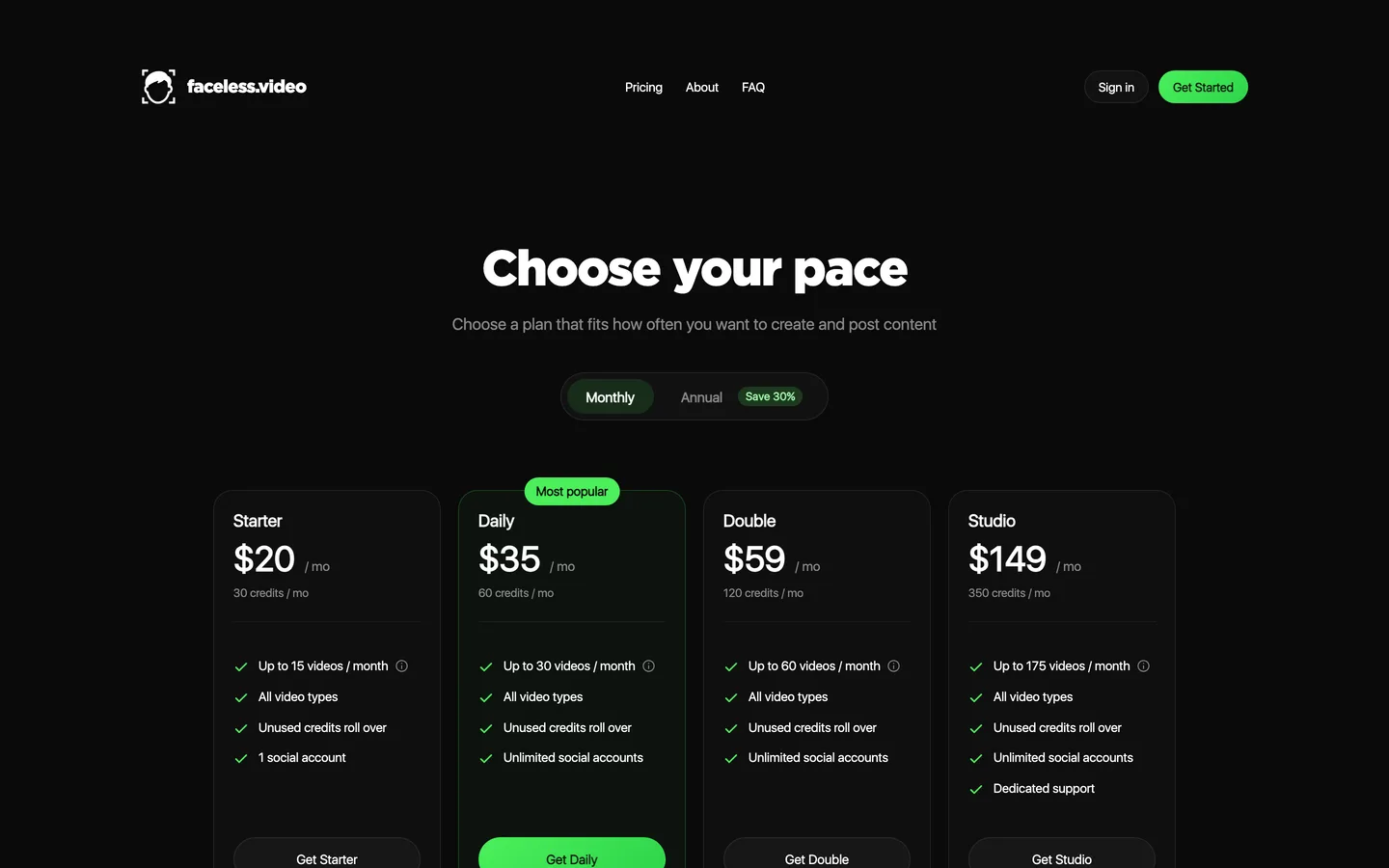 Scary story autopilot Faceless.video: the pricing page with Starter, Daily, Double and Studio plans and videos per month