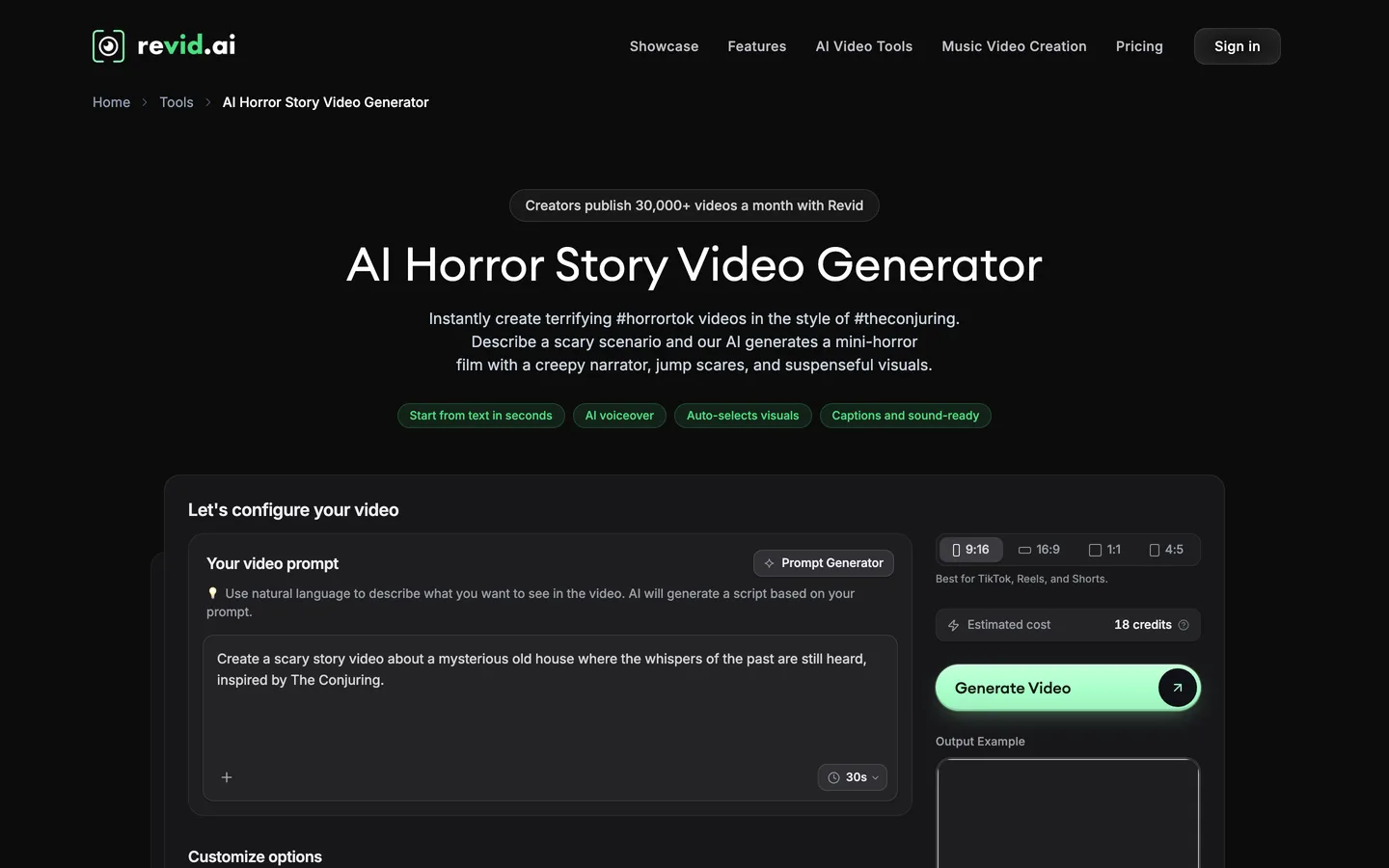 Horror Short generator Revid: the AI Horror Story Video Generator page with a scary story prompt and format options