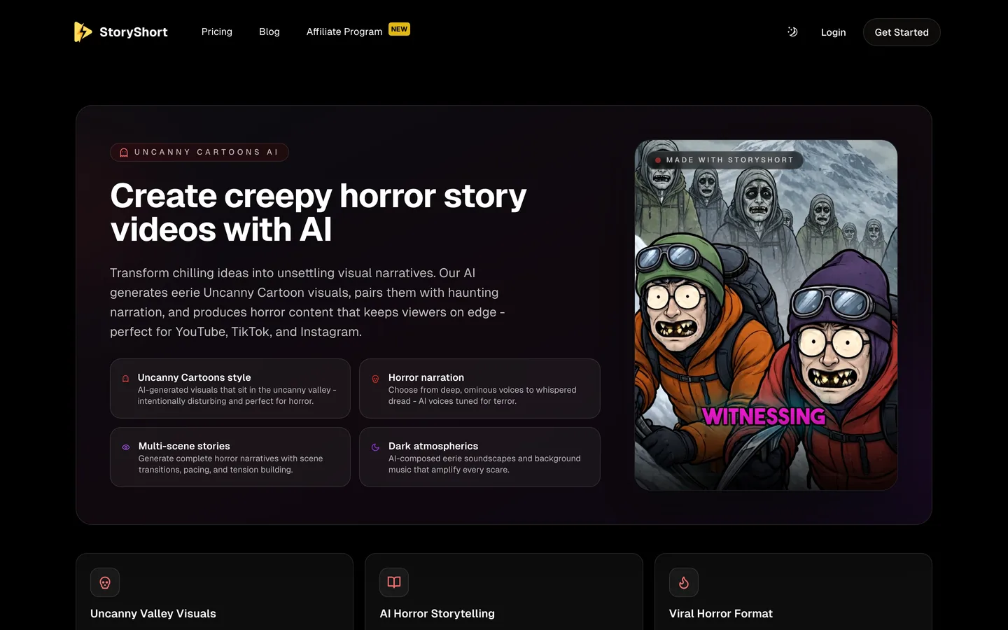 AI horror story video tool StoryShort: creepy horror story page with Uncanny Cartoons style and horror narration