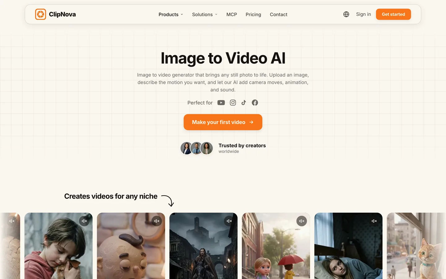 AI image to video generator ClipNova: its Image to Video AI page with finished niche examples