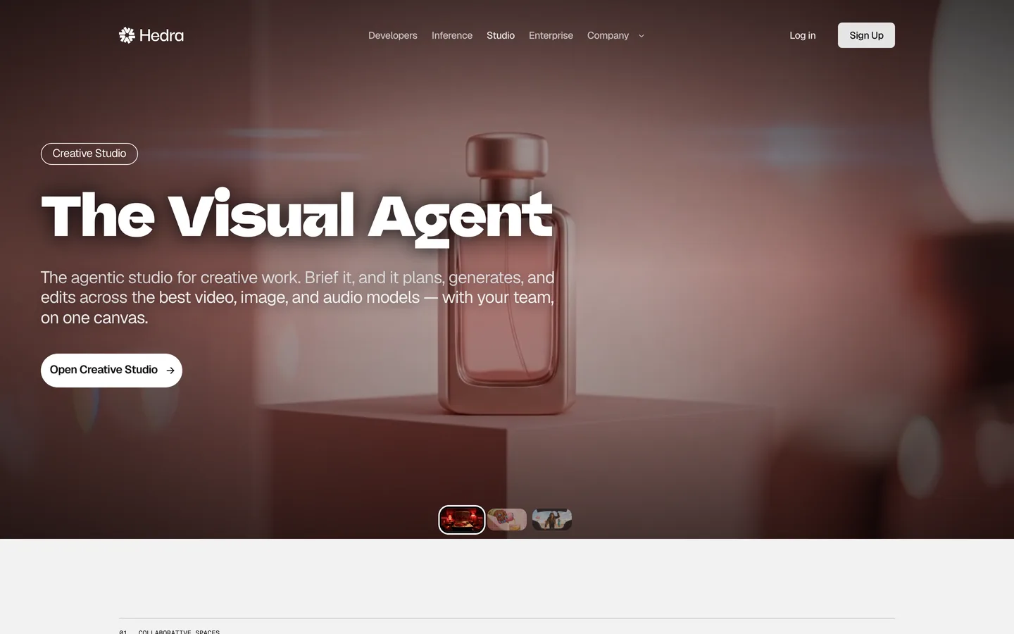 AI image to video app Hedra: its Creative Studio page introducing the visual agent