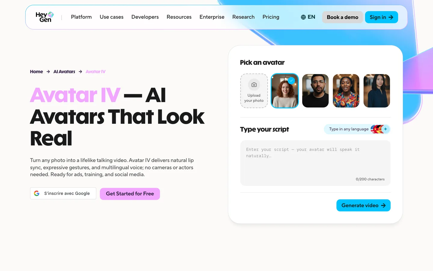 Photo to video AI tool HeyGen: its Avatar IV page with photo upload, avatar choices and a script box