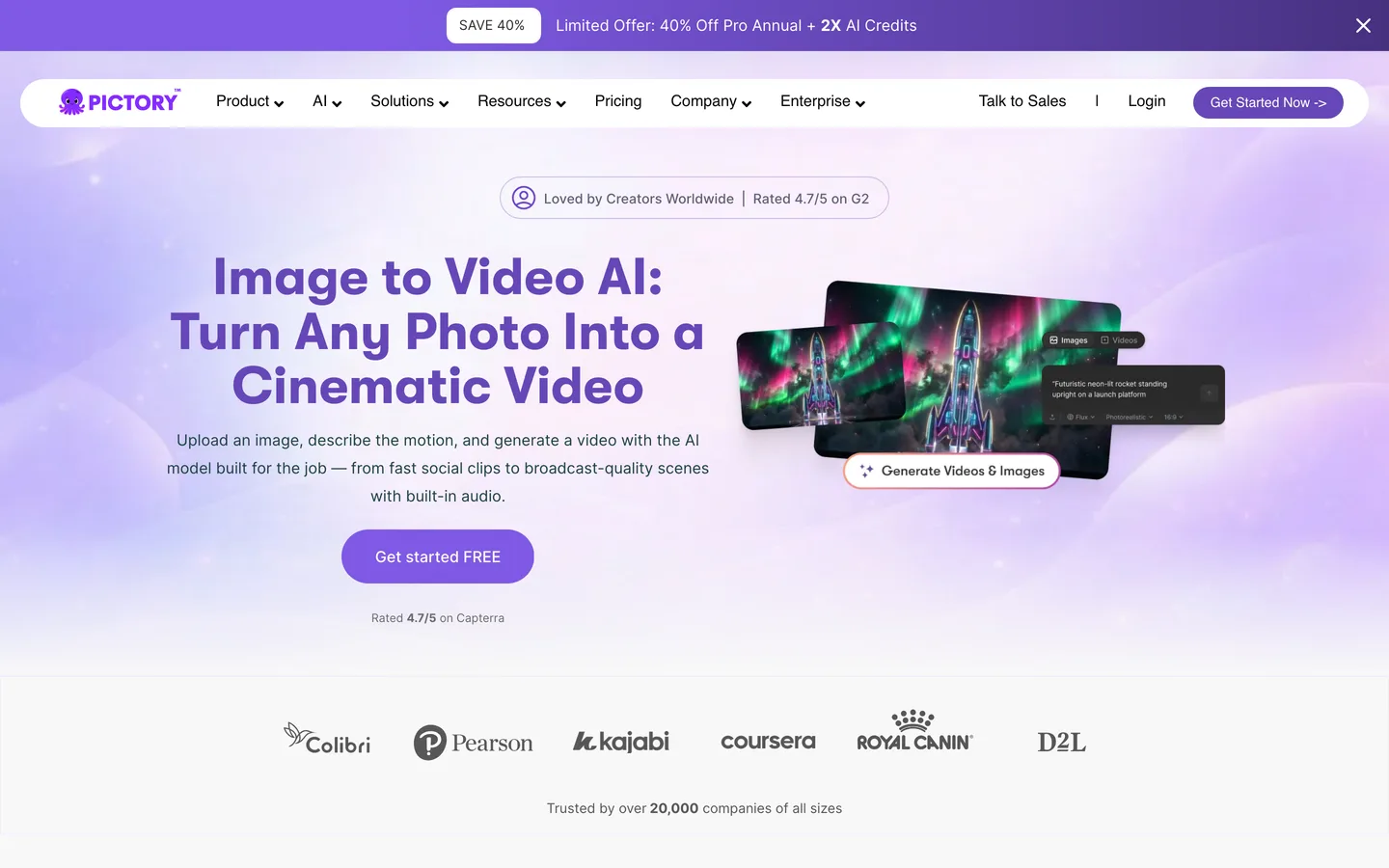 Image to video AI Pictory: its image to video page describing photo upload, motion prompts and model choice