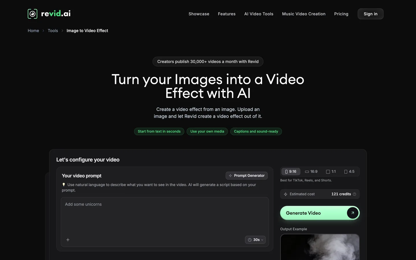 Image to video AI generator Revid.ai: its Image to Video Effect tool with a prompt box, aspect ratios and a credit estimate