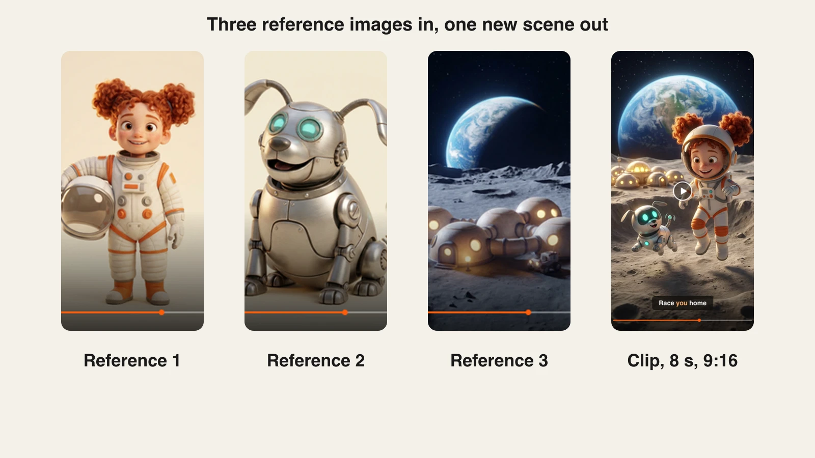 Image to video AI reference mode in ClipNova: an astronaut girl, robot dog and moon base combined in one clip