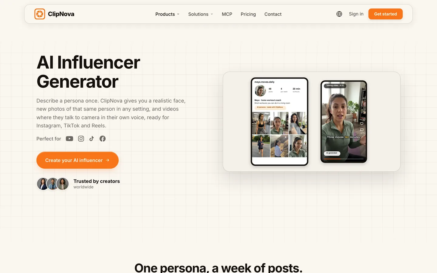 AI influencer generator ClipNova: tool page with a persona feed of photos and a 9:16 talking video of the same woman