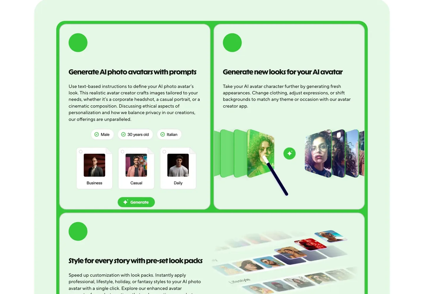 AI influencer avatar tool HeyGen: cards for generating photo avatars from prompts and new looks for the same avatar