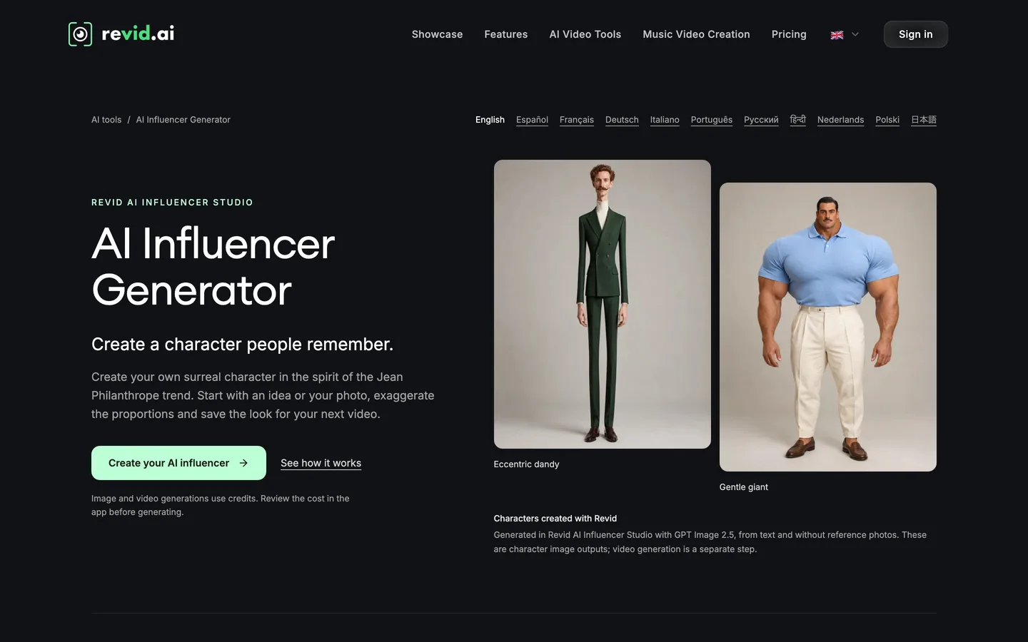 Surreal AI influencer creator Revid: AI Influencer Studio page with two exaggerated character portraits
