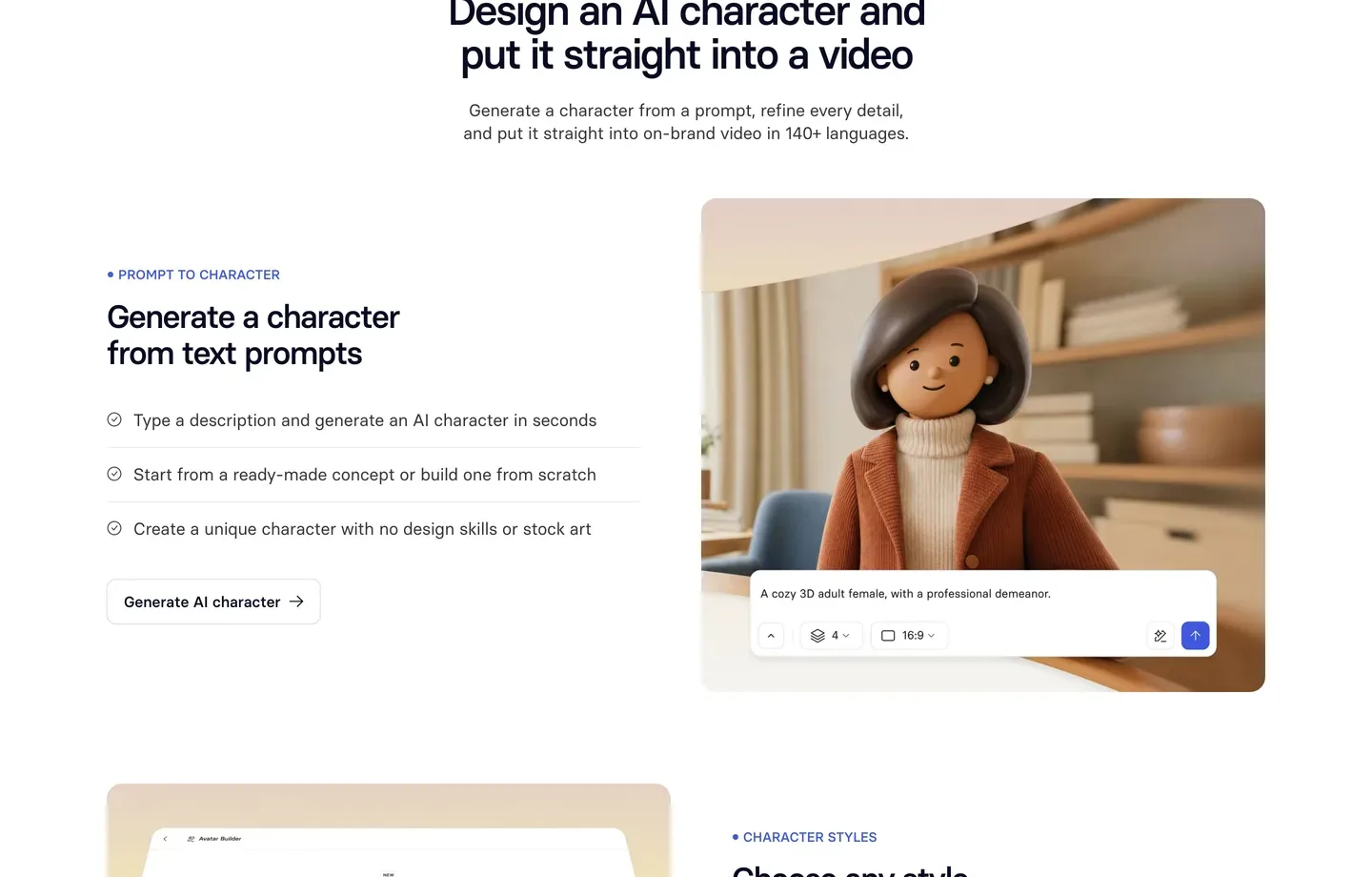 Virtual presenter generator Synthesia: Avatar Builder section that turns a text prompt into a 3D character