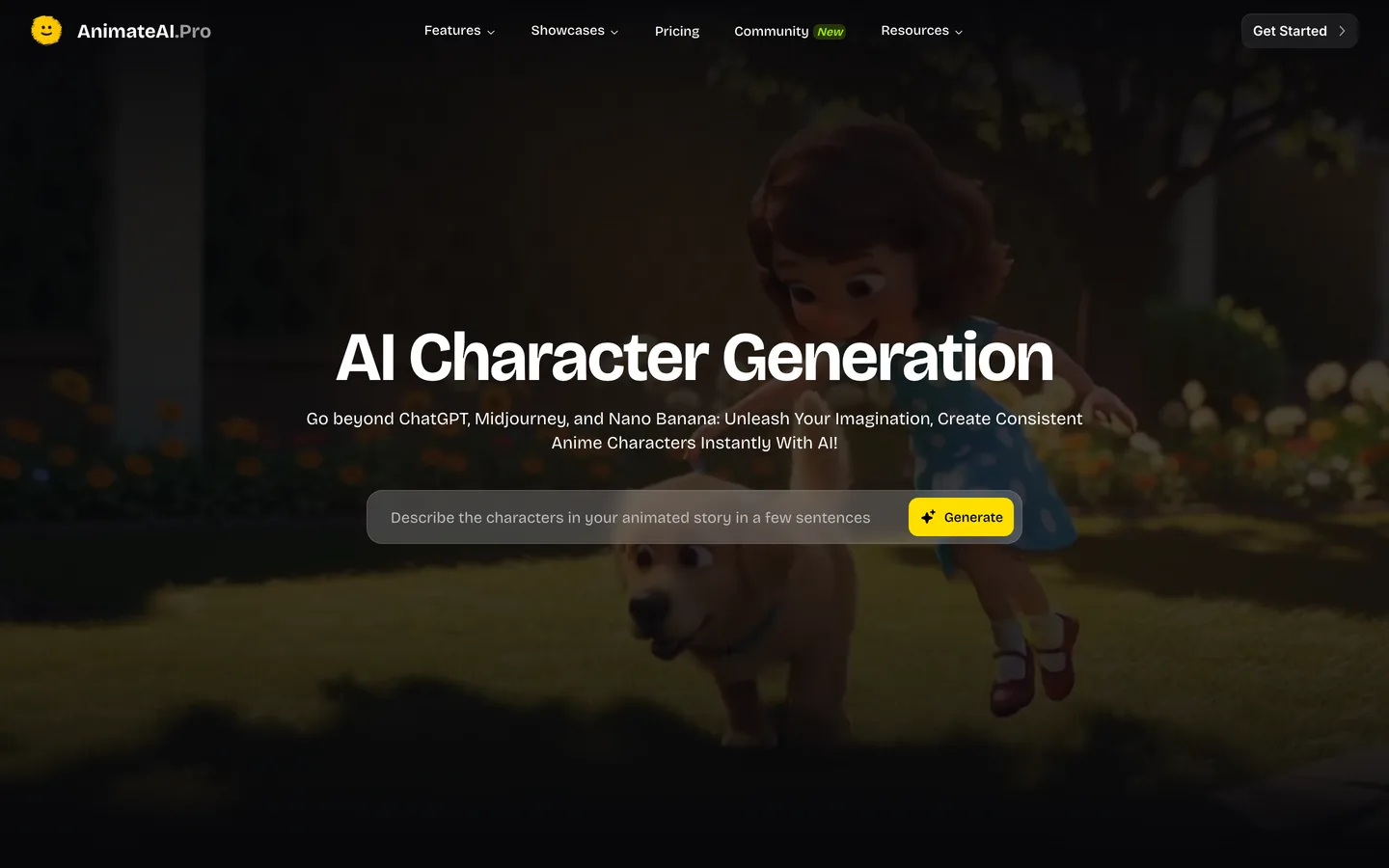Kids story video maker AnimateAI: the AI character generation page with a prompt box over an animated girl and puppy