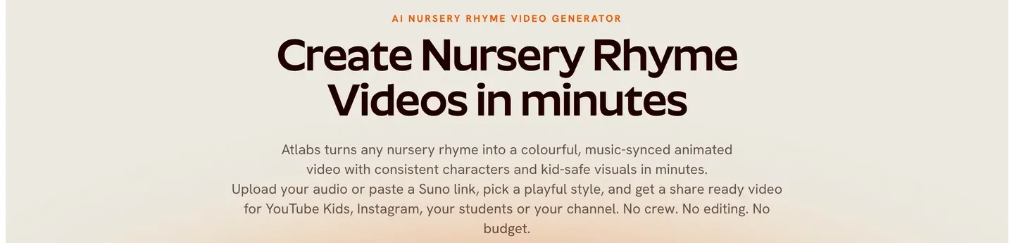 AI nursery rhyme video generator Atlabs: headline and description of music-synced animated rhyme videos