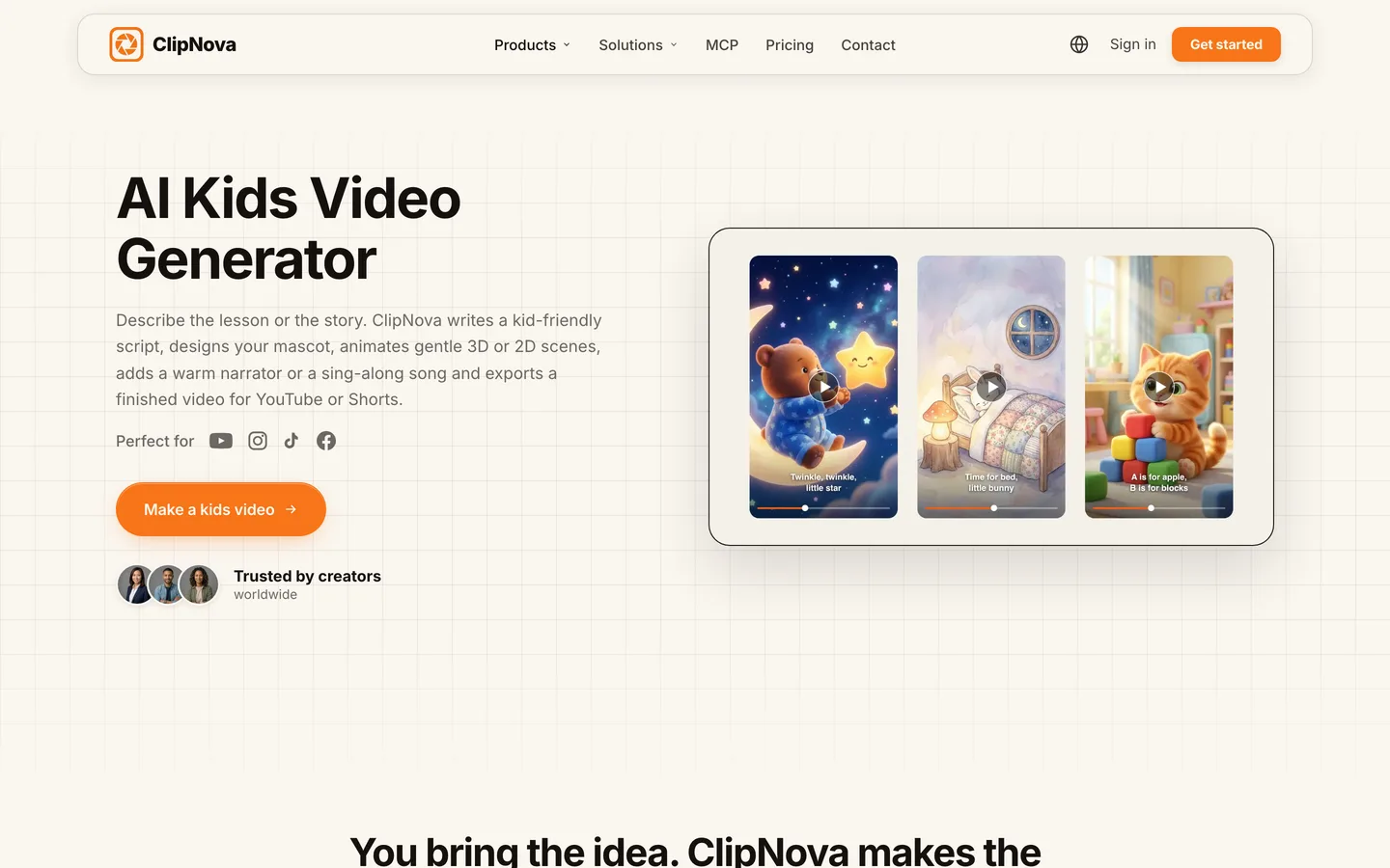 AI kids video generator ClipNova: the kids tool page with a bedtime bear, a sleepy bunny and an alphabet kitten video