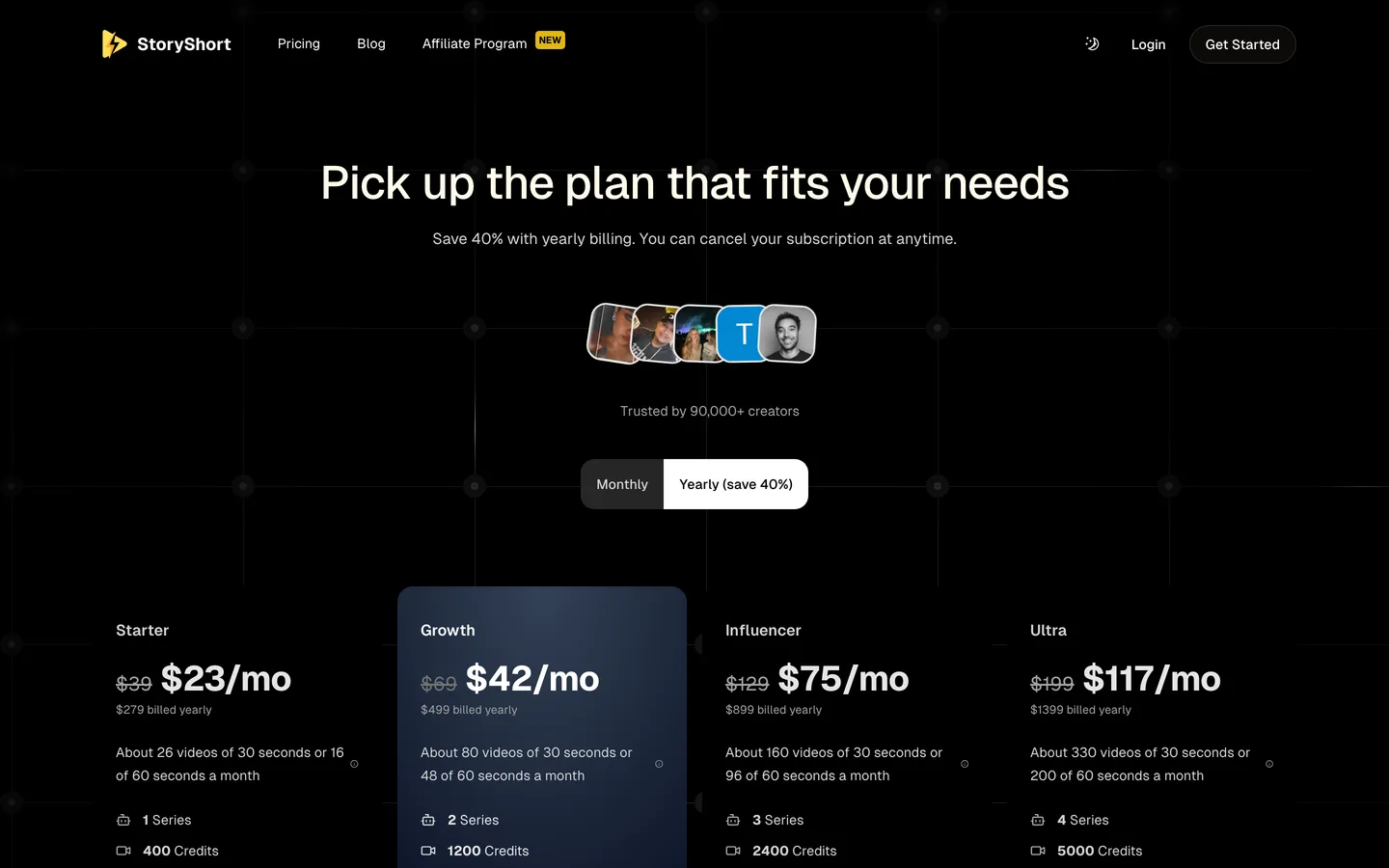 Kids story series tool StoryShort: the pricing page with Starter, Growth, Influencer and Ultra plans and series counts