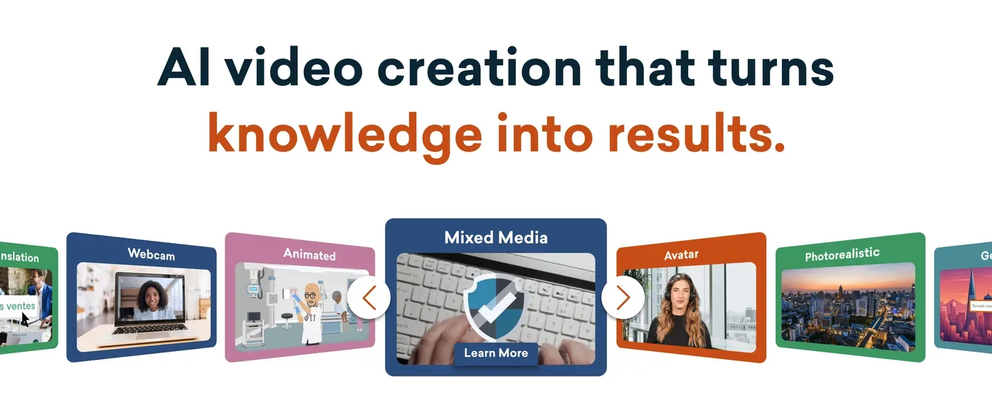 Learning video generator for kids Vyond: homepage headline and a carousel of animated and mixed media styles