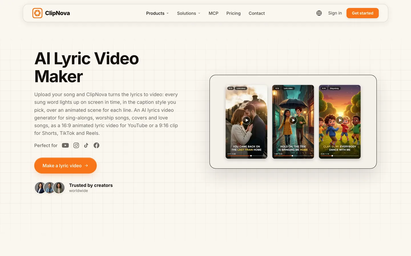 AI lyric video maker ClipNova: lyric video page with three 9:16 lyric clips, from a love story to a kids sing-along