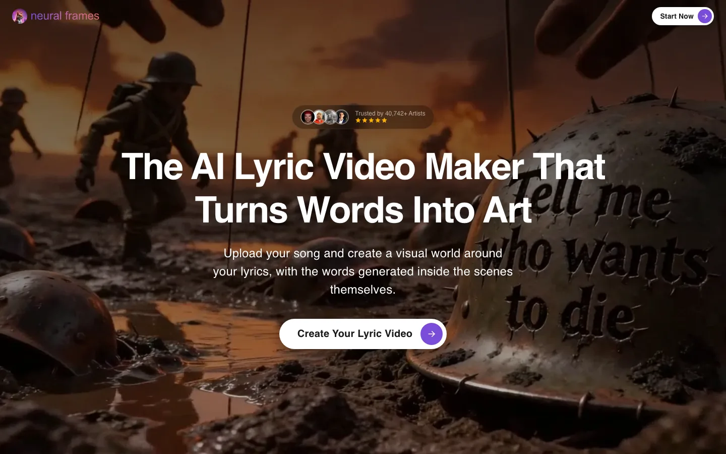 Lyric video AI Neural Frames: the lyric video maker page with words carved into a soldier's helmet