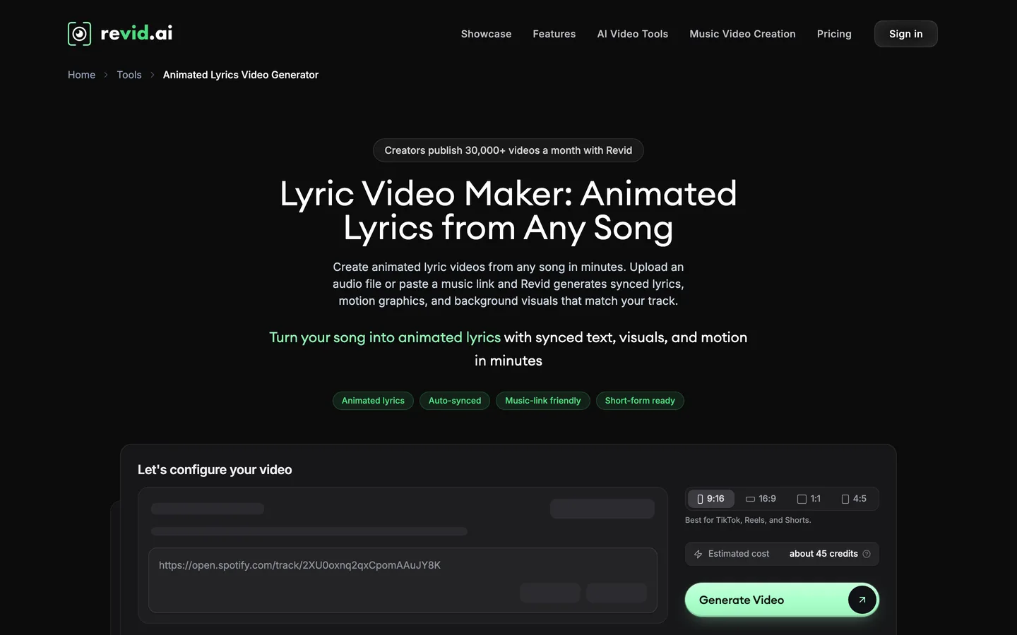 AI lyric video generator Revid: the Animated Lyrics Video Generator page with a Spotify link field and 9:16 format
