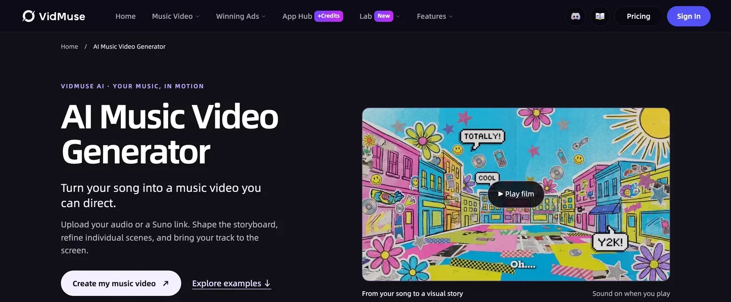 Music video with lyrics VidMuse: the AI Music Video Generator page with an upload-your-song prompt and a collage-style video